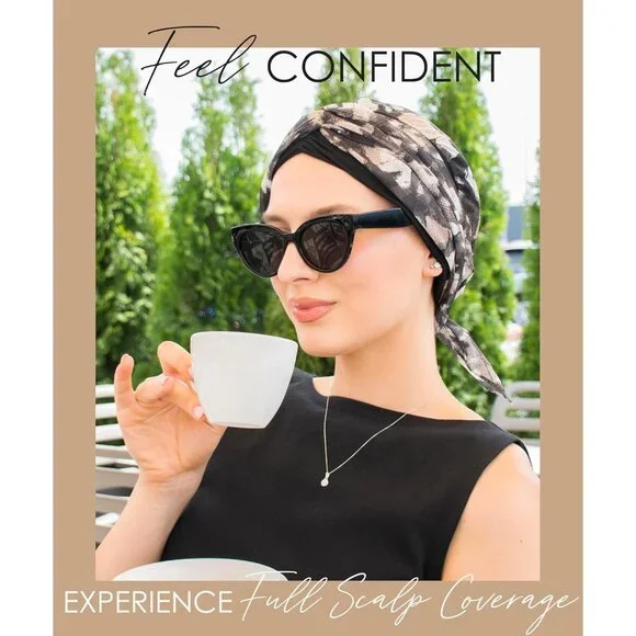 Women’s Black Beige Scarf Skull Cap Chemo Headwear Hair Loss Turban